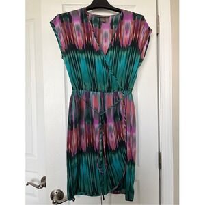 Fynn & Rose Women Ikat Print Faux Wrap Dress Teal‎ Pink Purple Size 4 Sleeveless